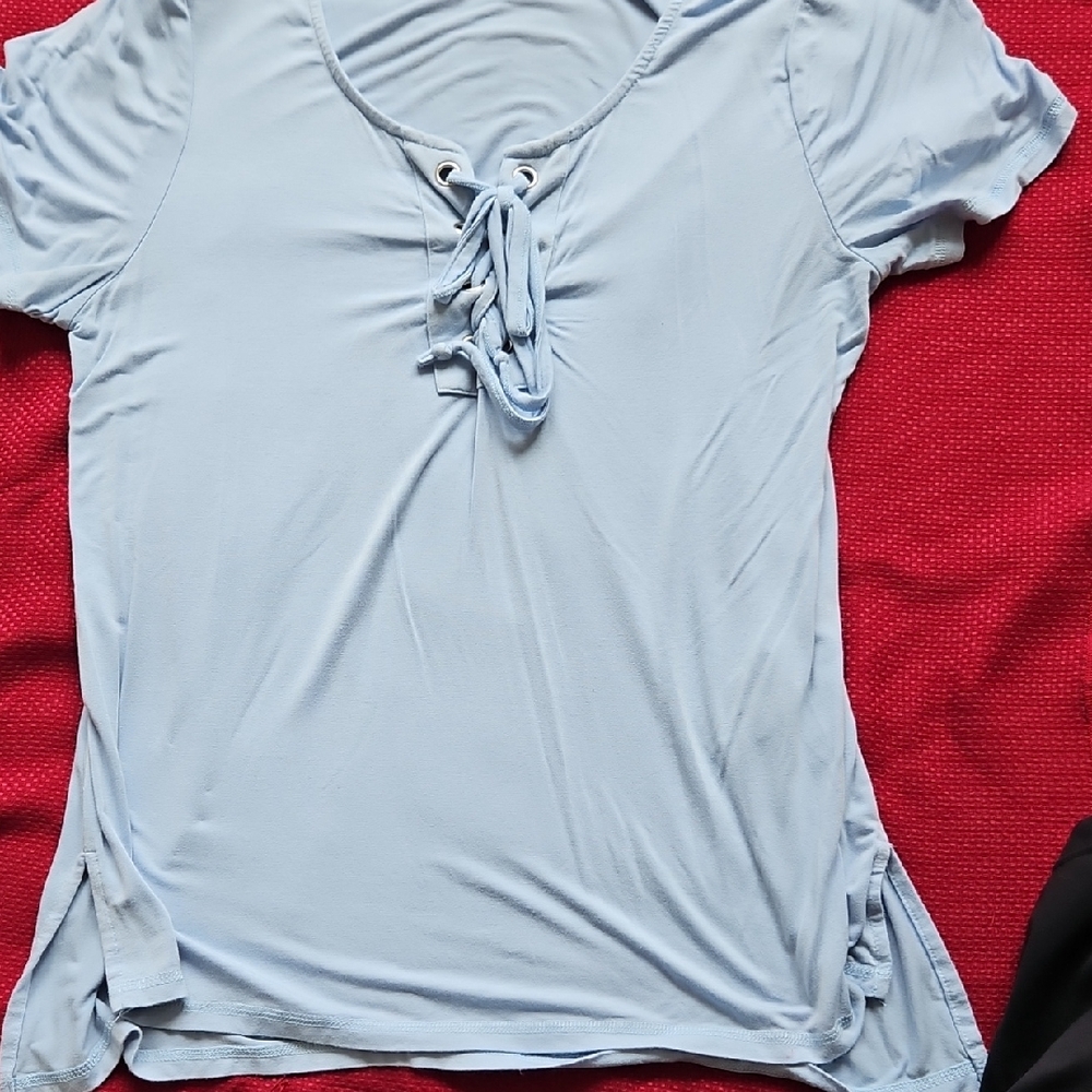Seven7 Sky Blue Lace-Up Short Sleeve Top
